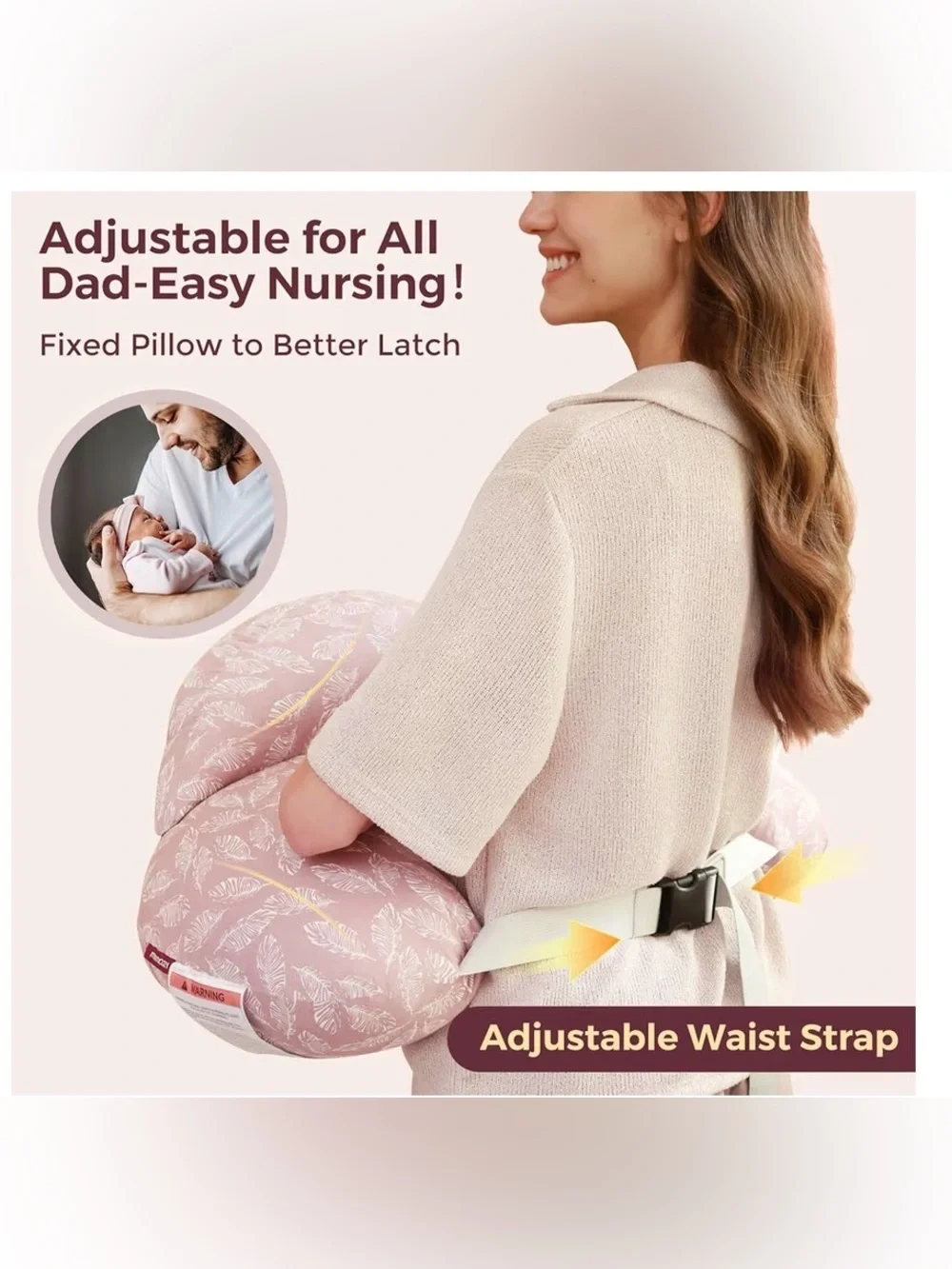 NWT - Momcozy - Nursing Pillow with feathers Print in pink & white -Pink Snuggle